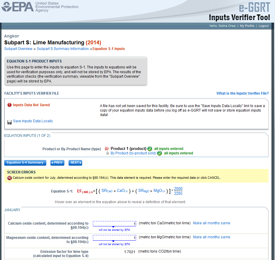 Input Verifier Tool Equation S-1 Inputs Screen Error
